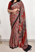 Red Gaji Silk Ajrakh Saree for Festive & Traditional Wear