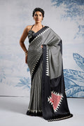 Melanie Black Stripe Ajrakh Printed Satin Crepe Silk Saree