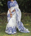 White & Blue Soft Linen Digital Printed Trendy Saree | Party Wear & Casual