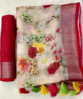 Red Soft Linen Digital Printed Trendy Saree With Blouse Piece For Women | Party Wear & Casual