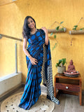 Blue & Black Polka Dot Satin Saree for Women | Designer Party Wear Saree