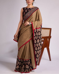 Beige cotton block printed Ajrakh saree