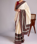 Off white flex cotton saree with Ajrakh combination