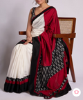 White Linen Saree with Ikat Border & Cotton Linen Pallu