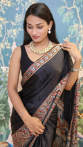 Black ajrakh Elephant printed soft modal silk saree