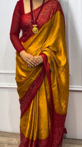 Red Pallu And Mustard Color Jaipur Bandhani Saree