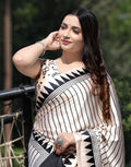 White Black Ajrakh Silk Printed Saree