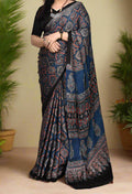 Blue Gaji Silk Ajrakh Printed Saree with Fancy Ajrakh Pallu